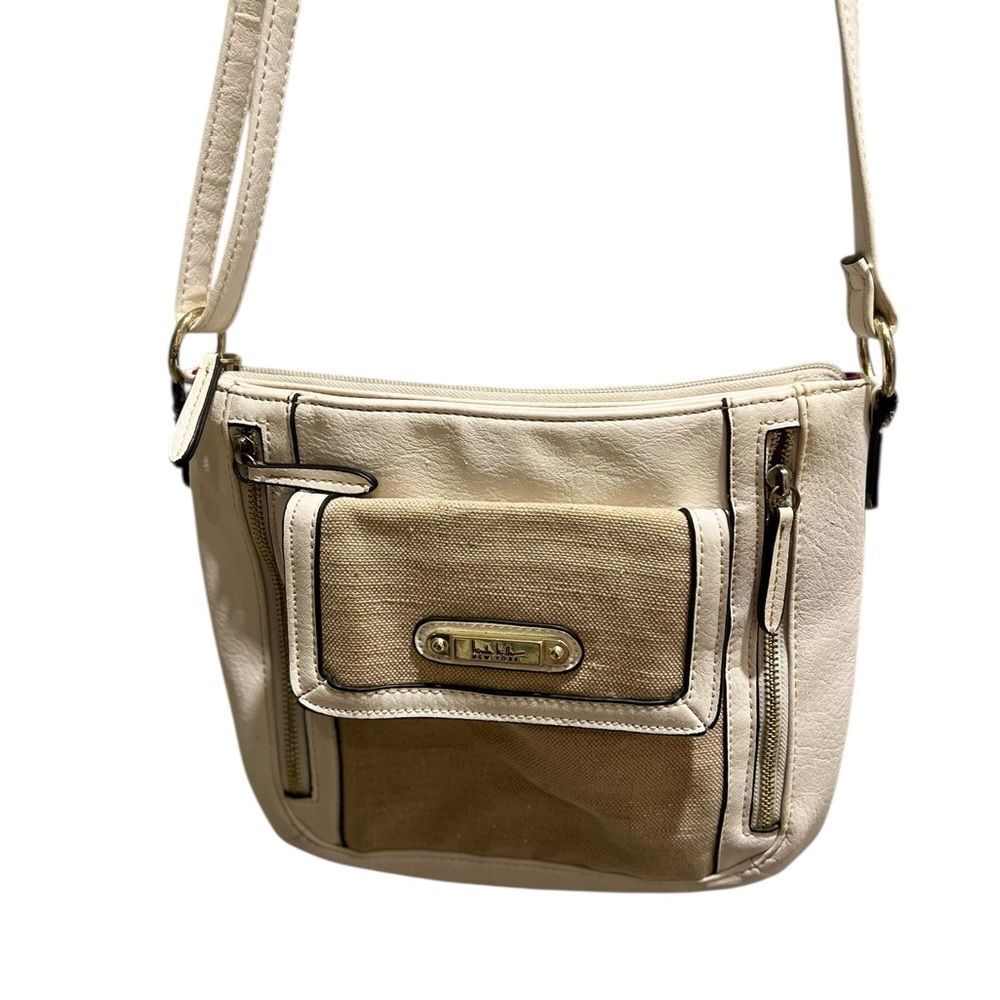 Nicole Miller New York Crossbody Bag | Canvas & Leather | Neutral Cream/Tan